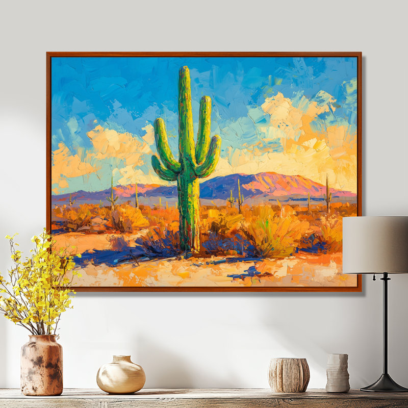 Saguaro dans la lumière dorée II - cactus, art mural, H 12 po x l 20 po, Cadre flottant, Brun