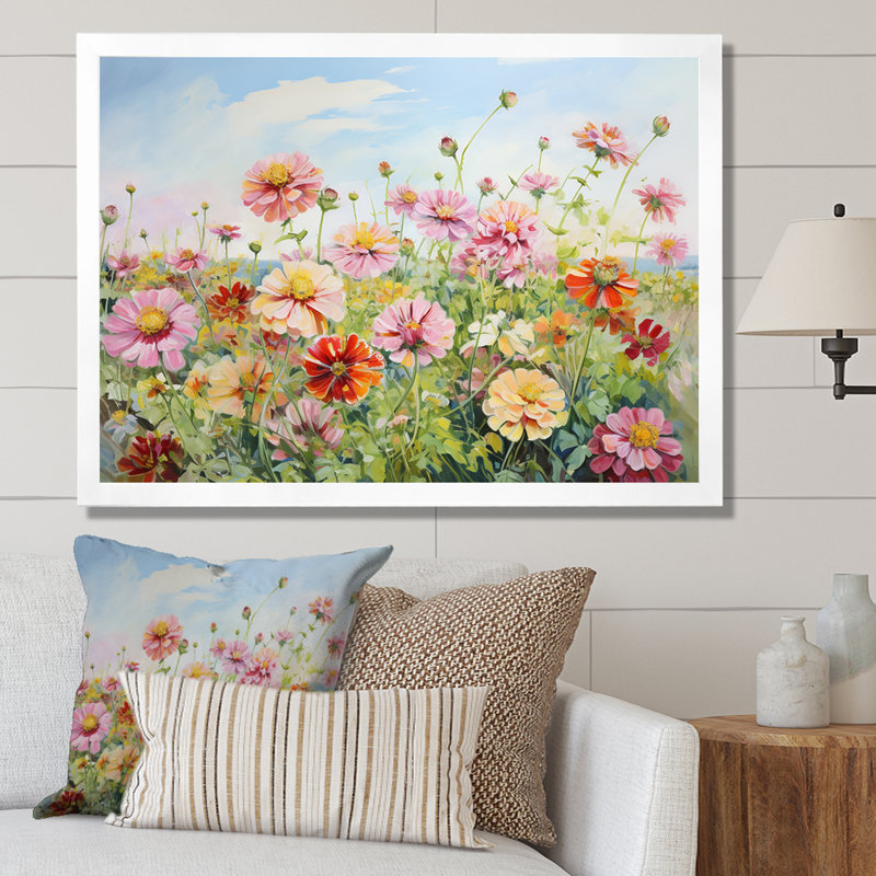 Zinnias Country Charm sur toile, Cadre simple blanc, H 30 po x l 40 po x P 1,5 po