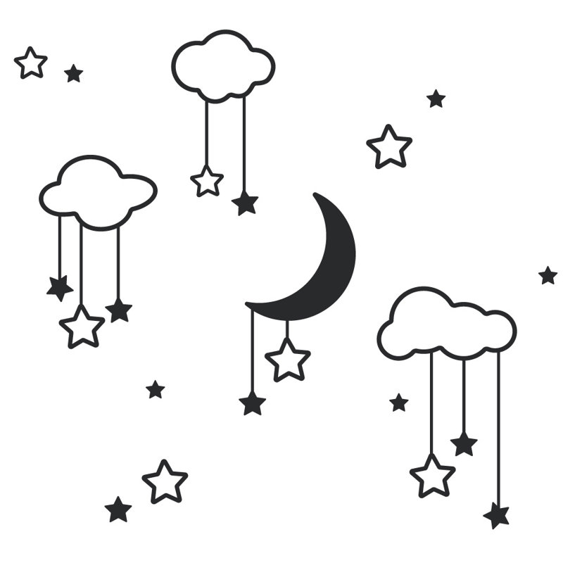 Décalcomanie murale étoiles et nuages lune, H 36 po x l 39 po x P 0,01 po, Noir