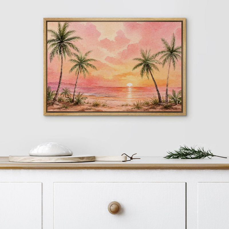 «Tropical Palm Tree Sunset Beach Landscape Coastal Artwork», reproduction d'art sur toile encadrée, H 16 po x l 24 po