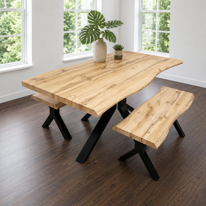 Wooden Dining Table and 2 Benches Set with X-Shaped Iron Legs, Curved Edge(75cm), 75cmH x 140cmL x 80cmW