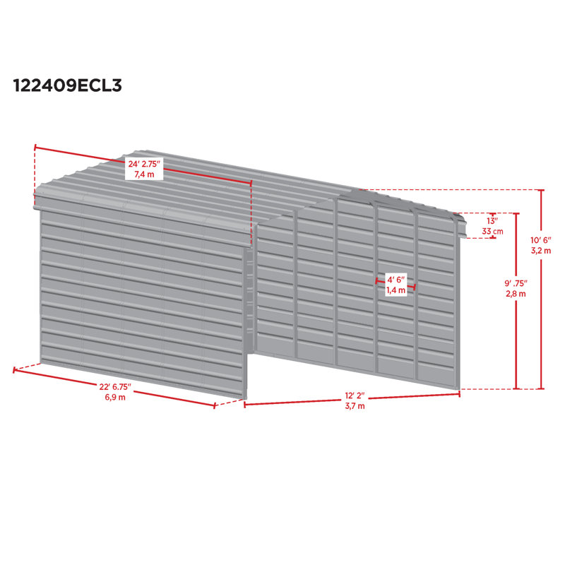 Steel Carport With 3 Wall Kits, 12X24X09, White