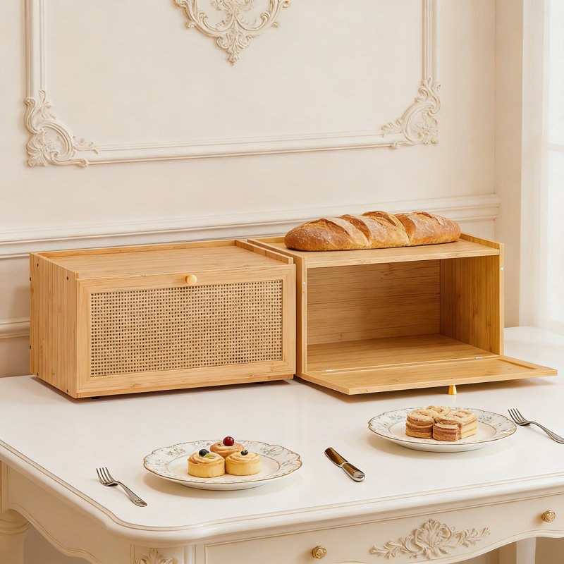 Farmhouse Style Rattan Bread Box With Magnetic Door - Large Capacity Bamboo Bread Storage Container For Kitchen Counter, Keeps Bread Fresh And Organized