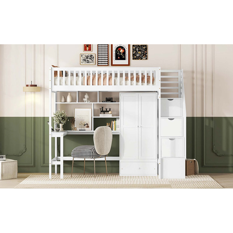 Lit mezzanine avec tiroirs Jamner Kids, Lit simple, Blanc