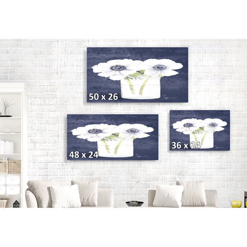 Fleurs dans un pot, Anémies, Floral, Fleurs, Paisible, Tranquille, Doux, Propre, Bleu marine, Vert, Sur bleu, Bleu marine, Blanc