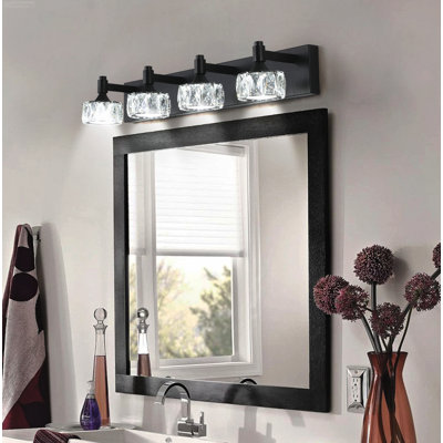 4-Light Elegant K9 Crystal Bathroom Lighting with Modern Metal Frame Black