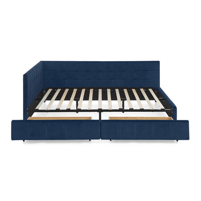 Queen Size Storage Upholstered Tufted Bed Frame, Sofa Bed Frame With Comfortable Backrest And Armrests, Queen Size Bed For Bedroom, Living Room,Velvet, DARK BLUE(85.5''*64.5''*29.5'')