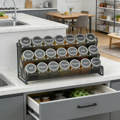 Complete Spice Rack Organizer Set With 21 Glass Jars, 386 Labels, Funnel & Chalk Marker - 3-Tier Cabinet, Countertop Or Wall Mount Storage Solution