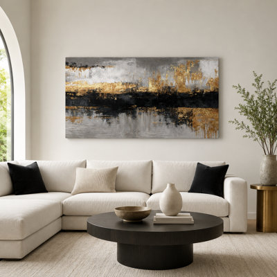 Grey Black and Gold Abstract Horizon Wrapped Canvas Wall Art Print