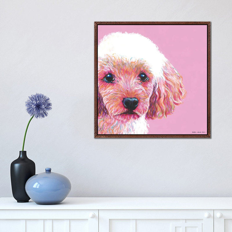 Poodle On Pink, Square by Kirstin Wood - Painting on Canvas, Classic Brown Wood Framed, 45.72 cm H x 45.72 cm W
