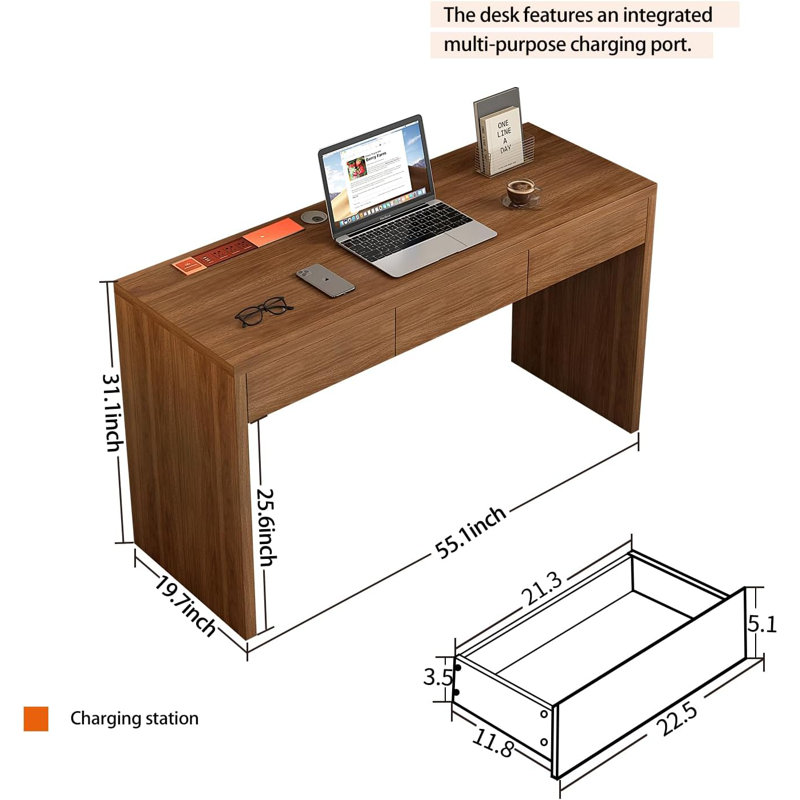 Bureau de direction avec tiroirs, bureau d'ordinateur avec tiroirs avec fentes pré-intégrées, bureau à domicile moderne en noyer de 55 pouces avec station de charge pour bureau, salon, chambre à coucher