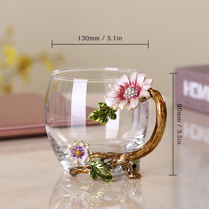 Tasse à thé en verre émaillé sans plomb en cristal avec tournesol et cadeau pour la Saint-Valentin