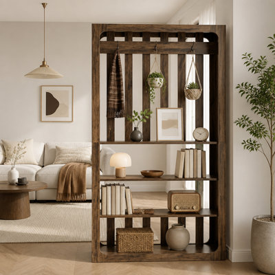 Room Divider Bookcase with Shelves & Coat Hooks, Freestanding Wood Wall Partition for Home Office