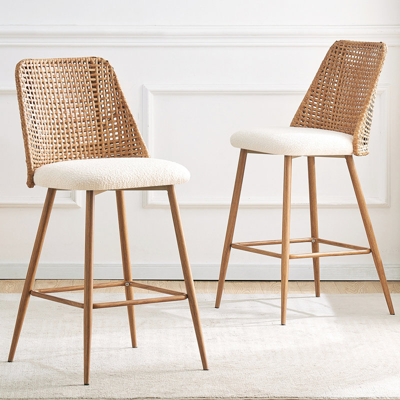 White Upholstered Rattan and Metal Counter Stools, Set of 2