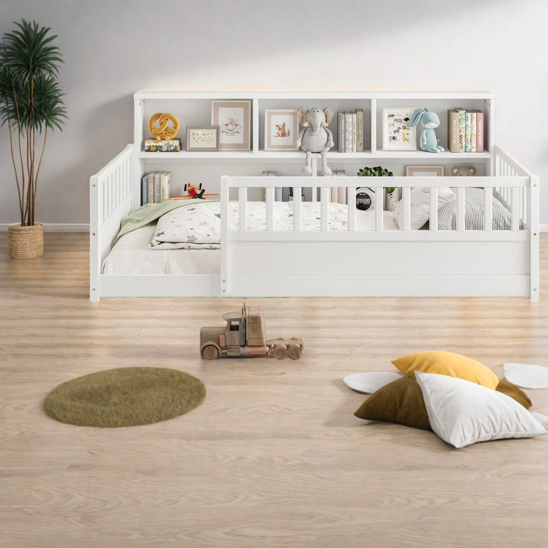 Wooden Twin Floor Bed With Storage, Pine Frame, Rustic White Design For Home