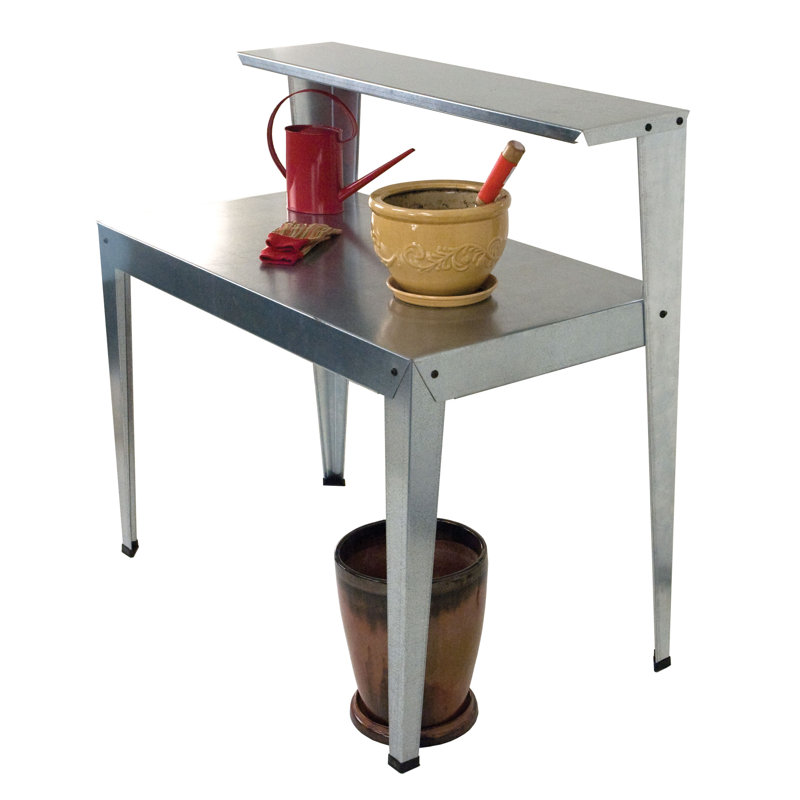Galvanized Steel Potting Bench with Upper Shelf