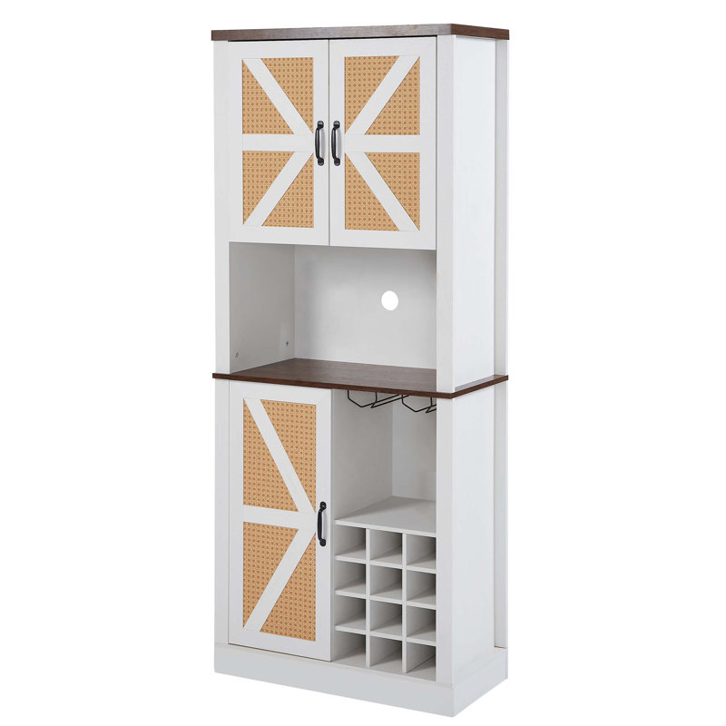 Grande armoire à vin de 76 po avec compartiments carrés et tablettes pour micro-ondes, Blanc / noyer
