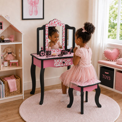 Teamson Kids Gisele Wooden Play Vanity Set with Tri-Fold Mirror, Storage Drawer, Matching Stool and Kids Makeup Table for Ages 3+