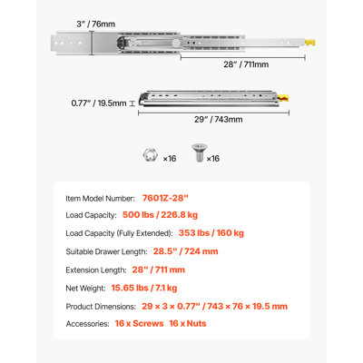 1 Pair Full Extension Drawer Slides 18 20 22 28 30 32 36 38 40 44 48 52 56 60 in, 500 lbs Load Capacity Locking Drawer Slides, Ball Bearing with Lock Side Mount Drawer Slide Rail
