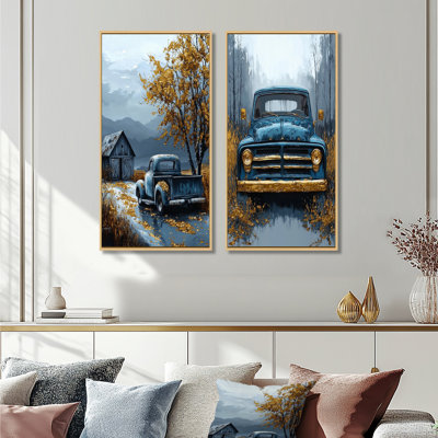 Blue Country Roads Pickup Truck I - Farm Landscape Wall Art 2 Pieces Set