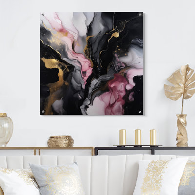 «Black Gold Marble Splash II», art mural acrylique abstrait en marbre