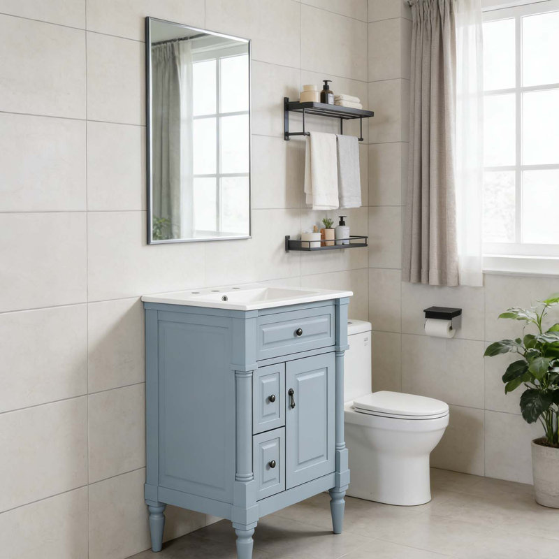 Meuble-lavabo élégant avec lavabo, armoire autoportante et tiroir rabattable Elegant Design, Bleu et gris
