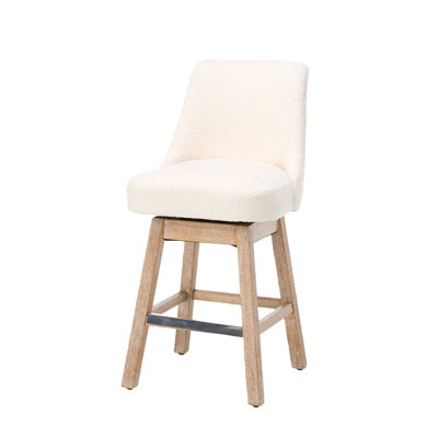 360° Swivel Bar Stools Set of 2, 26" Counter Height Bar Stools with Backs, Modern Mid-Century Boucle Fabric Upholstered Stools with Solid Wood Legs for Kitchen Island