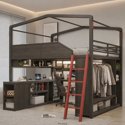 Lit mezzanine de jeu Queen avec bureau, éclairage DEL, ports USB, design maison et tablette de rangement, noir
