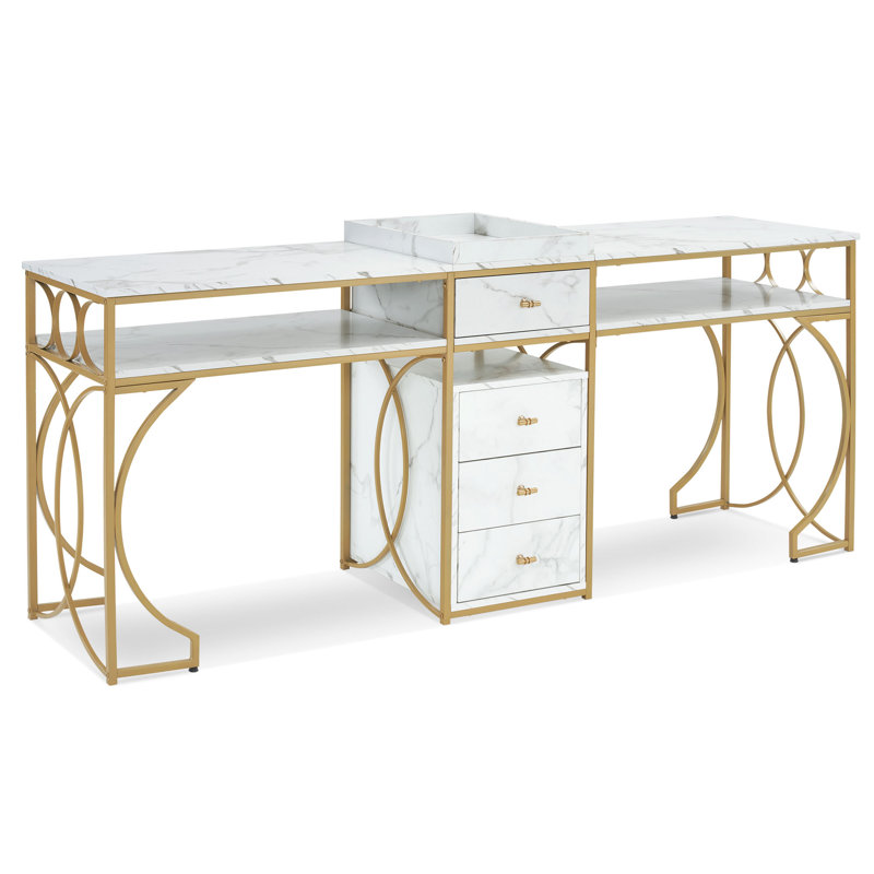 Modern Double Position Modern Nail Desk with Drawer and Shelf 78.7'' Wide, Metal Frame