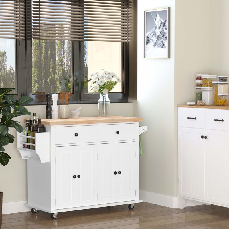 Kitchen Island On Wheels, Rolling Cart With Rubberwood Top, Spice Rack, Towel Rack And Drawers, White