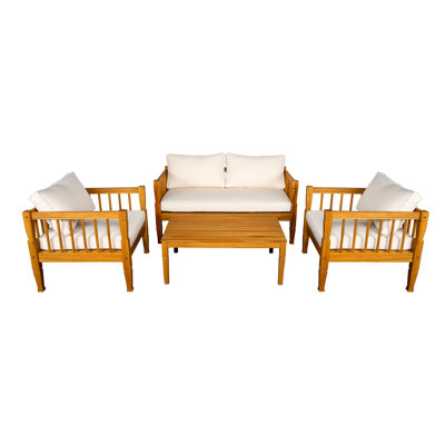 Ensemble de meubles de patio 4 pièces, mobilier d'extérieur avec table basse, ensemble de conversation pour patio avec coussins épais pour le balcon de la cour arrière, finition teck
