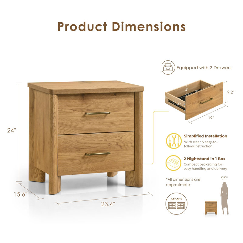 Heroux 2-Drawer Nightstand with USB Ports, Oak