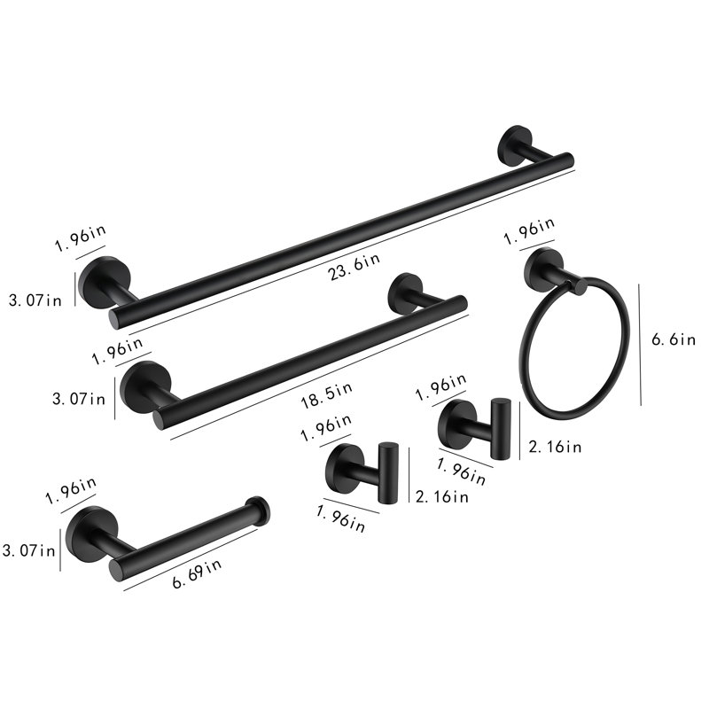 5 Piece Bathroom Hardware Set Modern Wall Mounted Round, Matte Black