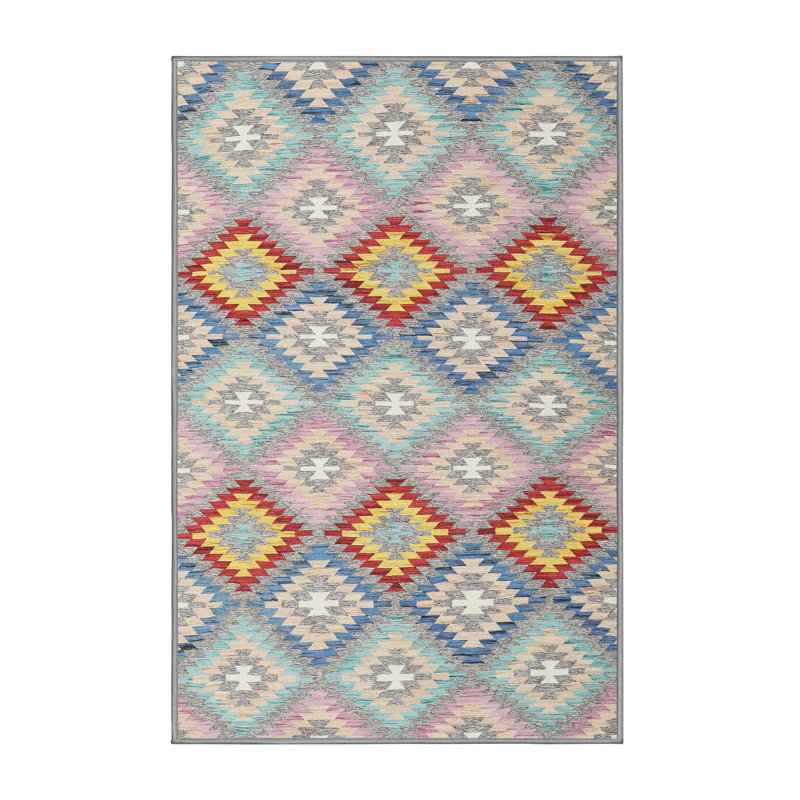 Tapis de zone rouge/jaune/rose contemporaine, Rectangle 5 pi x 7 pi