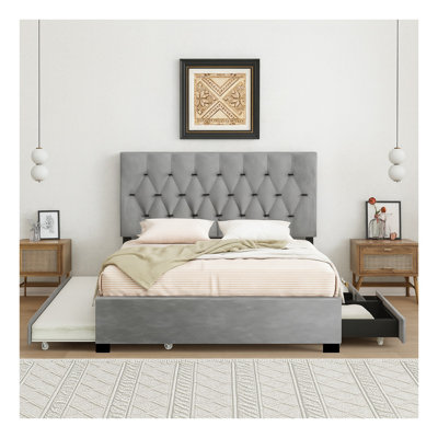 Grand lit plateforme tapissier moderne gris avec lit gigogne simple et tiroirs de rangement - Tête de lit capitonnée en velours