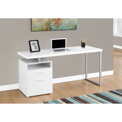 Home Office Furniture Desk: 60"l, White Laminate, Grey Metal, Practical Storage Modern Laptop Work Table: Adequate Space