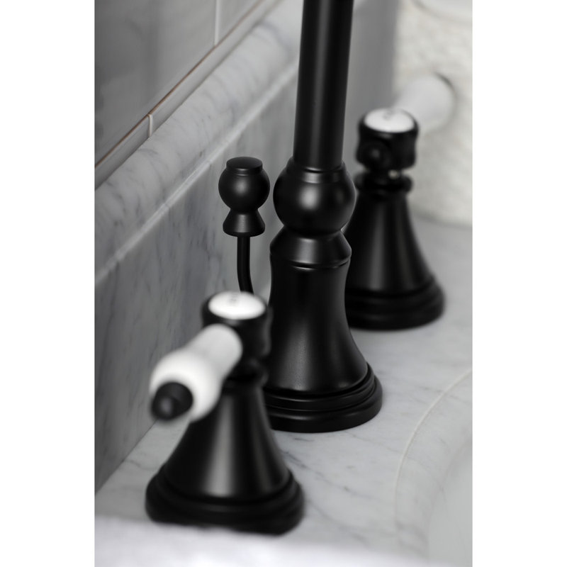 Kingston Brass Bel-Air Two-Handle 3-Hole Deck Mount Widespread Bathroom Faucet with Brass Pop-Up Drain, Matte Black