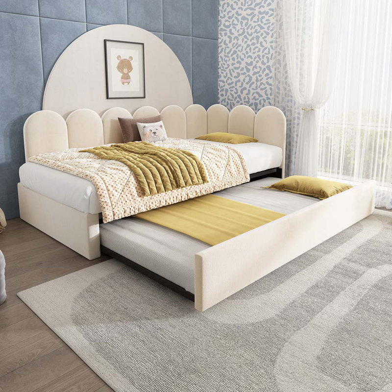 Velvet Upholstered Bed Daybed With Pull-Out Bed, Pink