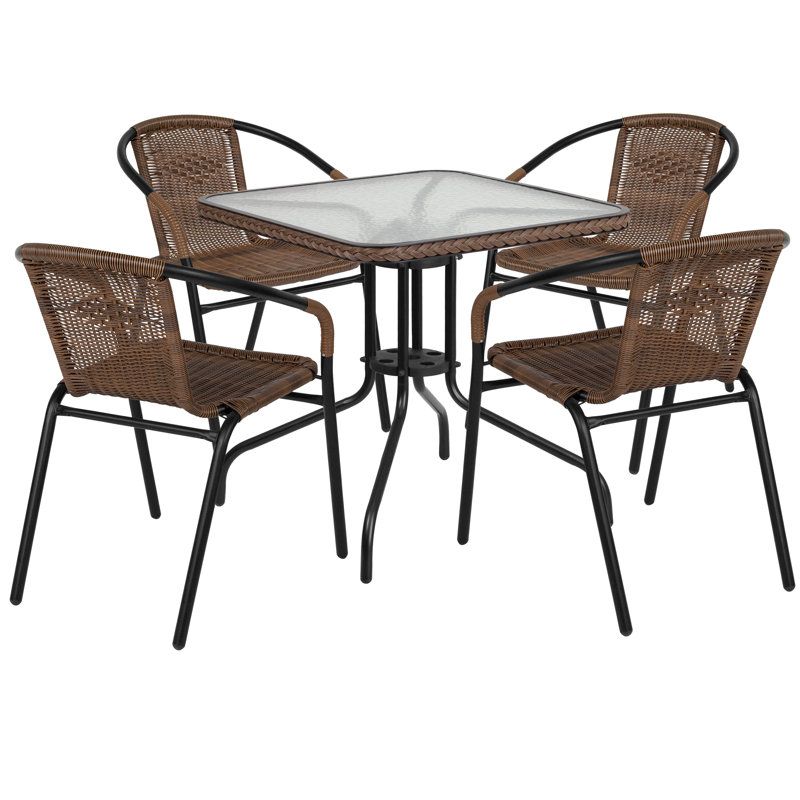 Amlie 28'' Square Glass Metal Table with Rattan Edging and 4 Rattan Stack Chairs, Dark Brown