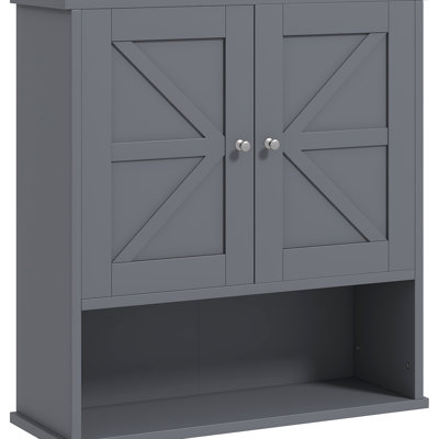 Armoire de salle de bain grise, fixée au mur avec tablettes réglables pour une organisation efficace, armoire ouverte grise et étagères intérieures