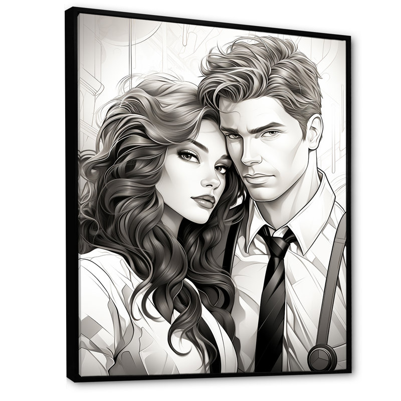 Couple Portrait Bd Illustration - Portrait romantique, art mural, Cadre flottant noir, H 44 po x l 34 po x P 1,5 po