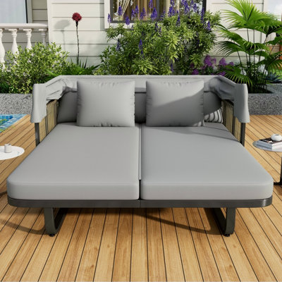 Lit de jour d'extérieur en rotin de 57 po avec coussins détachables pour patio, cour, piscine, gris 57 po