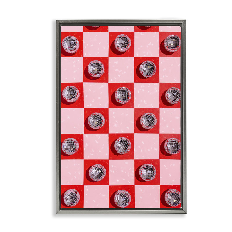 Toile flottante à carreaux avec des boules disco par Lish Creative, Cadre flottant gris lustré, H 25 po x l 17 po