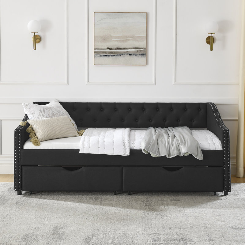 Daybed With Drawers Upholstered Tufted Sofa Bed, With Button On Back And Copper Nail On Waved Shape Arms, Black, Twin