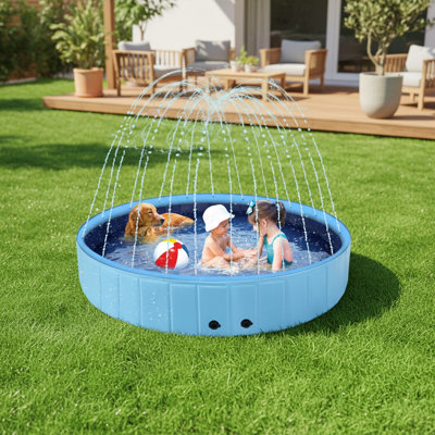 63" Dog Pool with Sprinkler, 2-in-1 Foldable Non-Slip Kiddie Pool