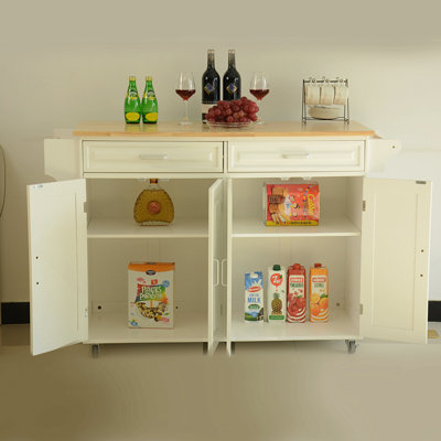 Kitchen Island & Kitchen Cart, Mobile Kitchen Island, Rubber Wood Top, Big & Adjustable Shelf Inside Cabinet For Different Utensils, Luxury Design Fits Party At Different Site