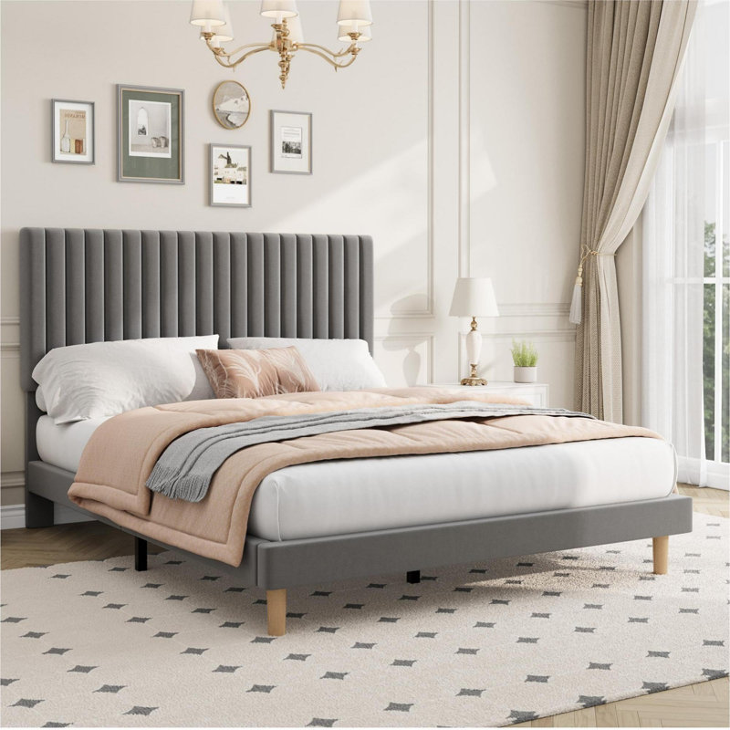 QUEEN Velvet Upholstered Platform Bed with Adjustable Channel-Tufted Headboard, Wooden Slat Support and No Box Spring Needed for Modern Bedrooms