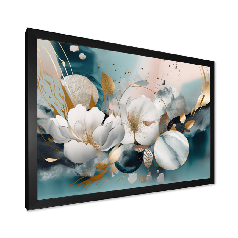 «Blue Marble Gold Floral Impressions V», art mural sur toile florale, L 20 po x H 12 po, Cadre photo noir