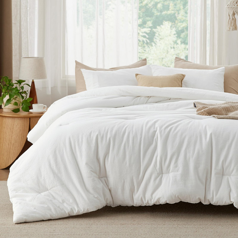 Bedsure Pre-washed Comforter Set with 100% Cotton Outer Covert,  143TC, Queen Comforter + 2 Additional Pieces, White