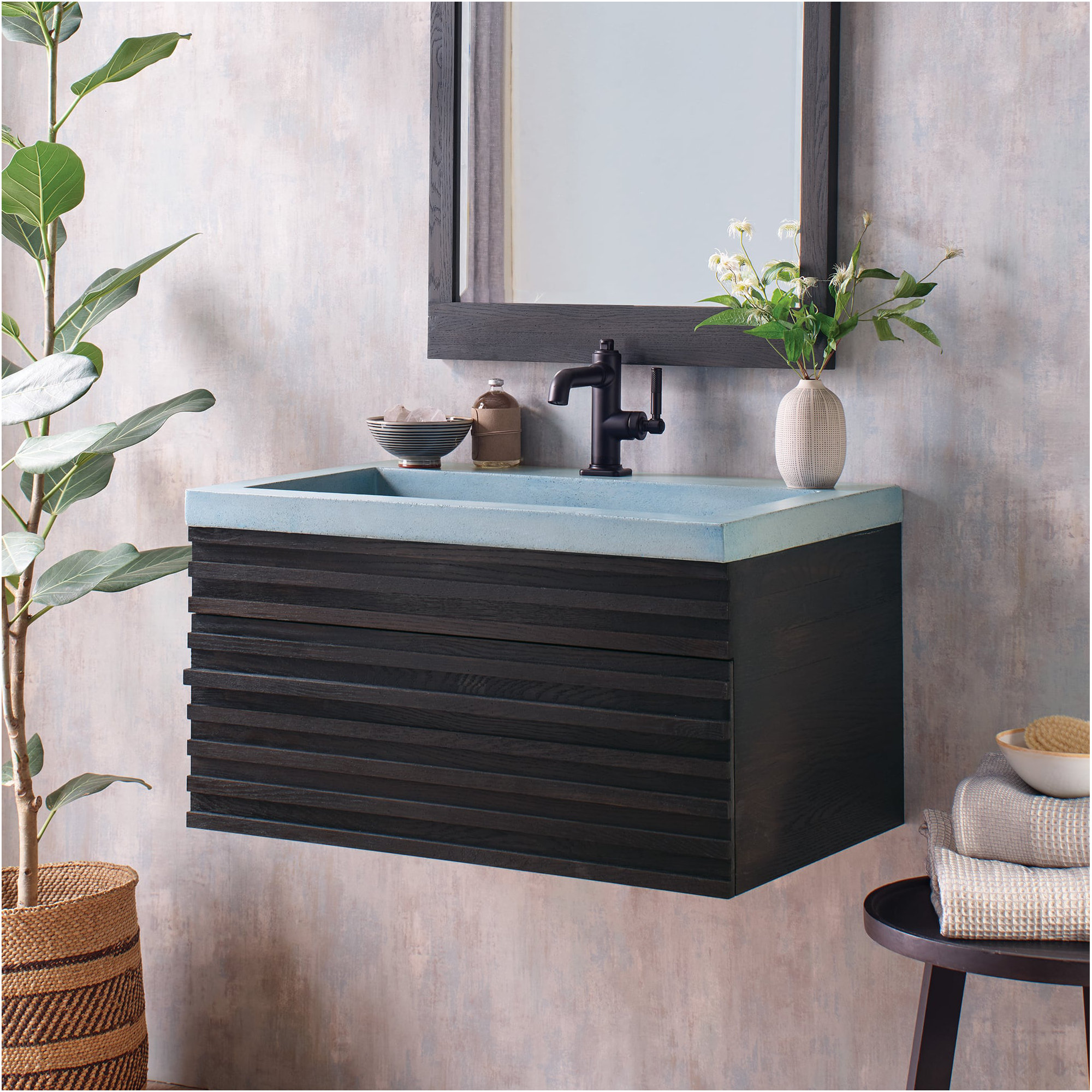 Trough Handmade Rectangular Drop-In Bathroom Sink, Ocean, Single Faucet Hole